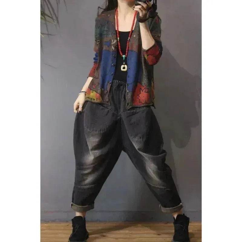 Spring Printed Knitted Cardigan Women Retro National Style Top