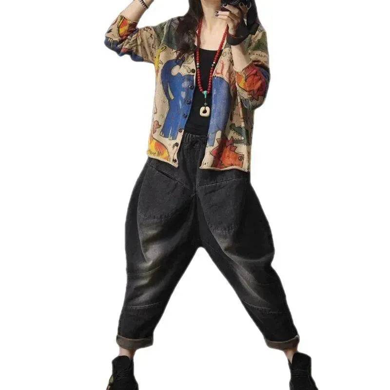 Spring Printed Knitted Cardigan Women Retro National Style Top