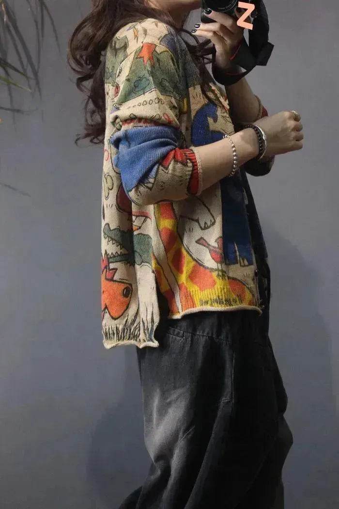 Spring Printed Knitted Cardigan Women Retro National Style Top