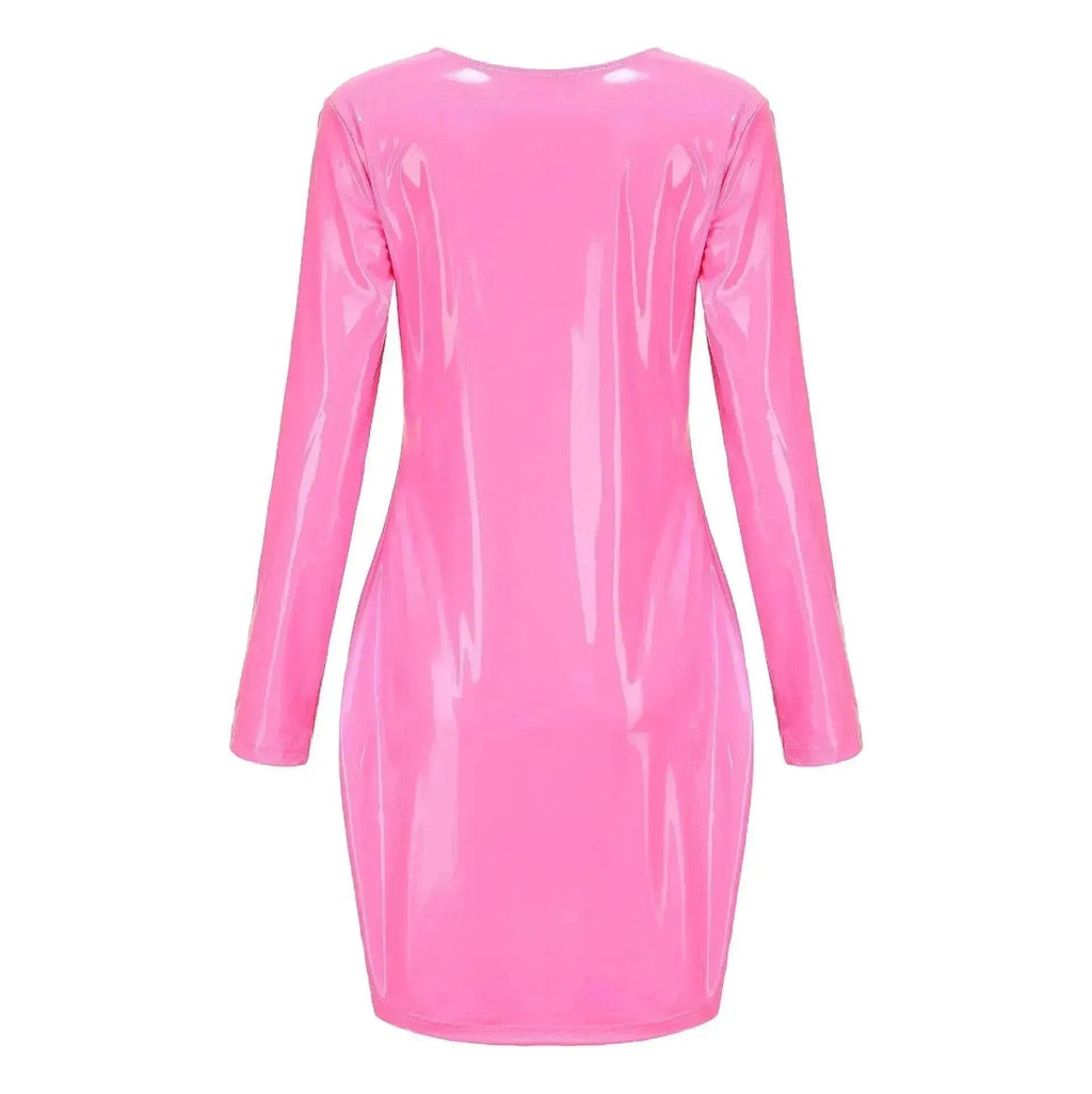Stylish  Bodycon Leather Mini Dress for Women V-neck Zipper Short Dress Party Dress