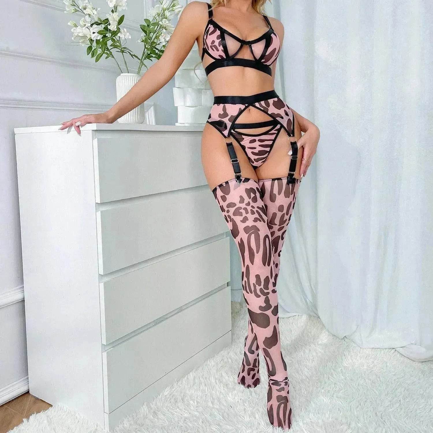 Wild Leopard Print Mesh Hollow Lingerie Stockings Charming Lingerie Set