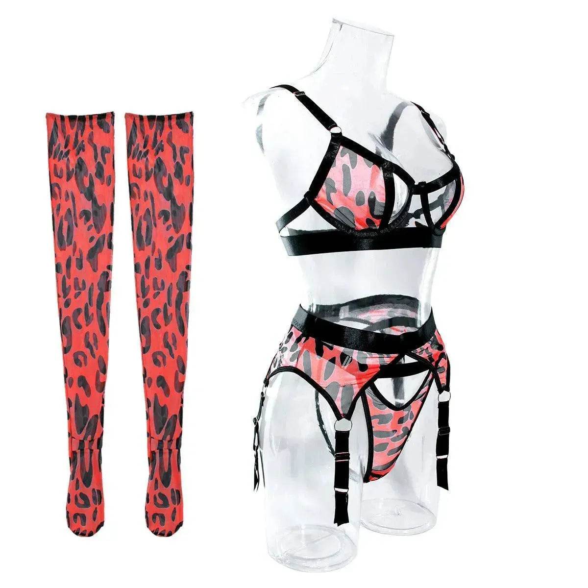 Wild Leopard Print Mesh Hollow Lingerie Stockings Charming Lingerie Set