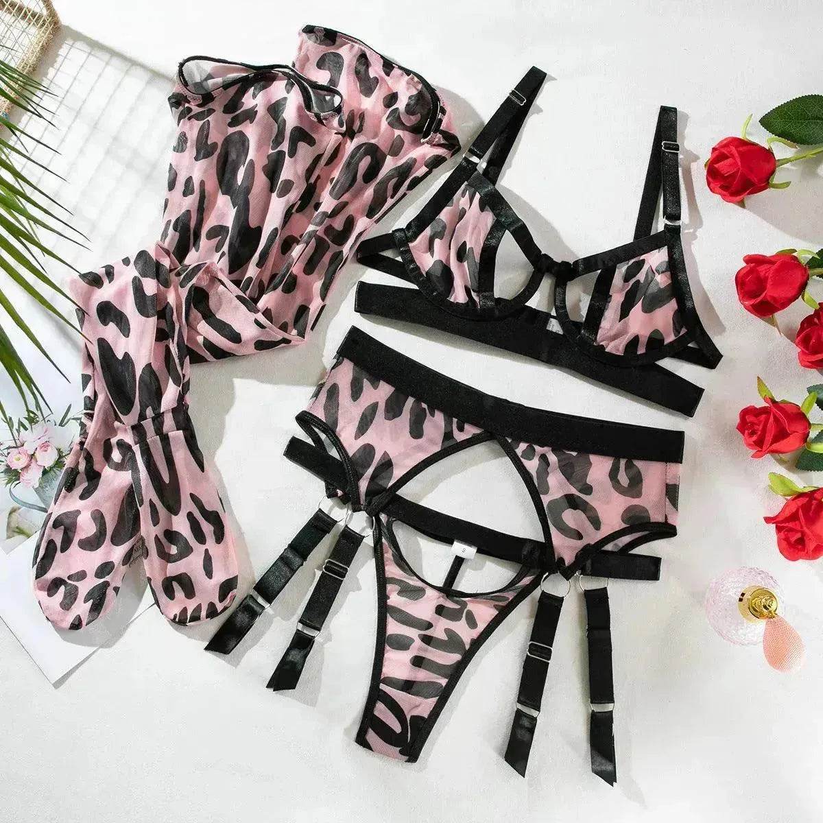 Wild Leopard Print Mesh Hollow Lingerie Stockings Charming Lingerie Set