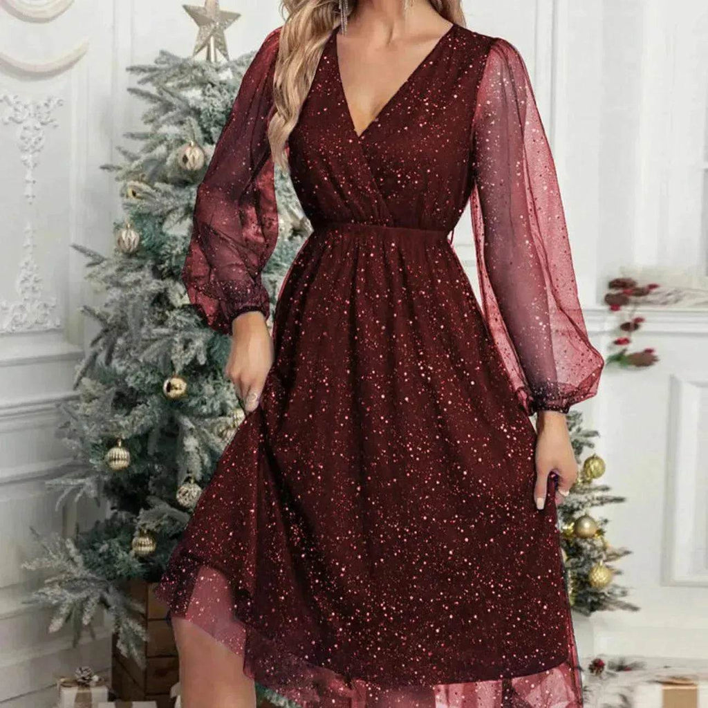 Women Fashion Stitching Mesh V-Neck Midi Dress