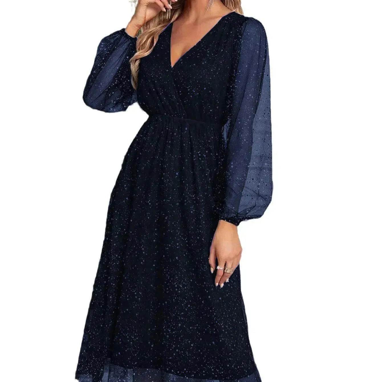 Women Fashion Stitching Mesh V-Neck Midi Dress
