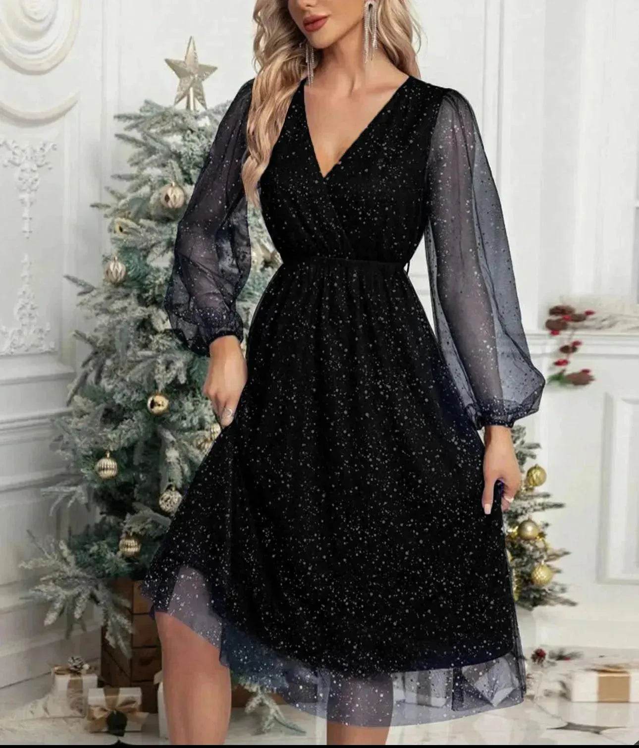 Women Fashion Stitching Mesh V-Neck Midi Dress