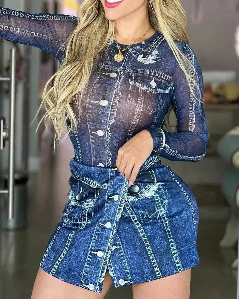 Women's Denim-like Printed Long-sleeved Jumpsuit