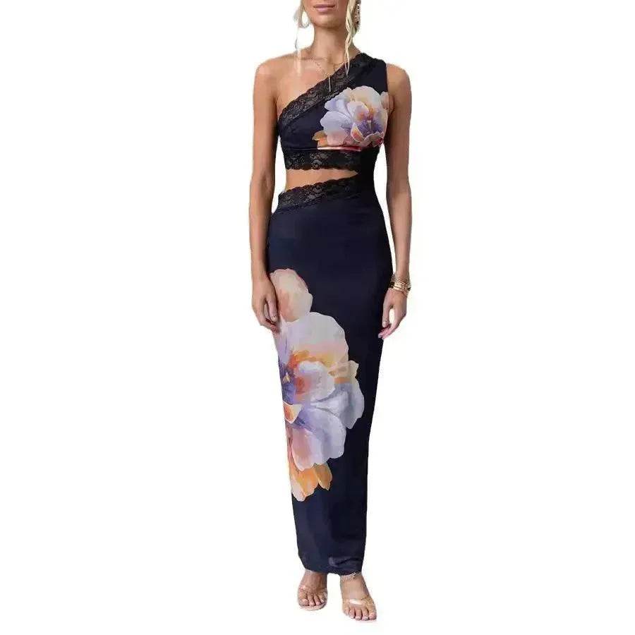 Women's One-shoulder Printed Voile Lace Slim Fit Two piece Dress