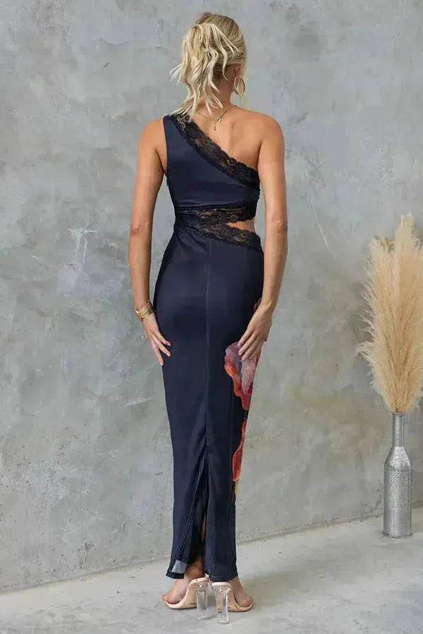 Women's One-shoulder Printed Voile Lace Slim Fit Two piece Dress