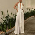 Women Summer Backless  Sleeveless Hanging Neck Pleated White Dress