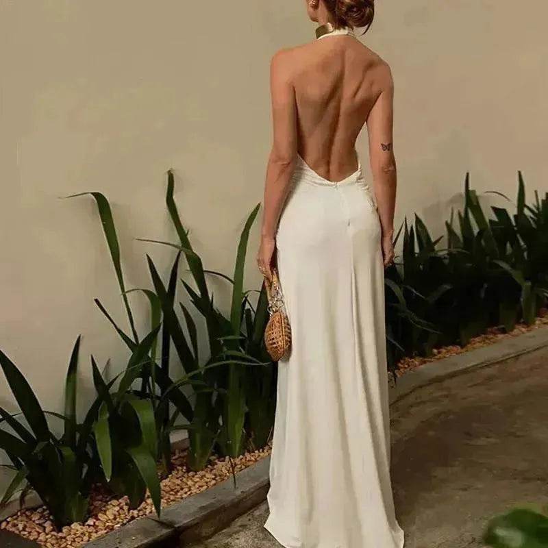 Women Summer Backless  Sleeveless Hanging Neck Pleated White Dress