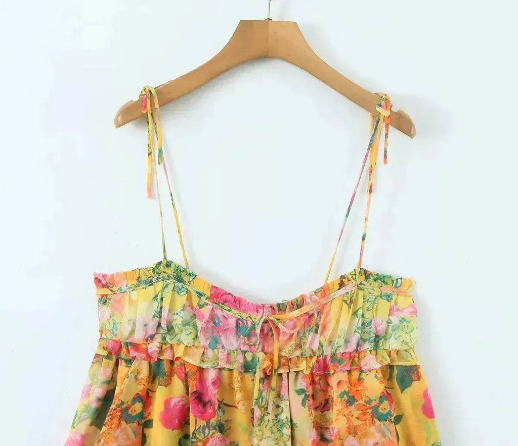 Y2K Flowers Print Suspender Dress Summer Fashion Ruffled Holiday Beach Short Dresses Womens Clothing
