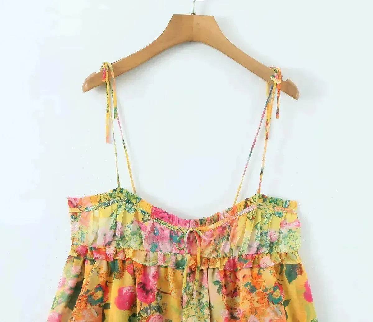 Y2K Flowers Print Suspender Dress Summer Fashion Ruffled Holiday Beach Short Dresses Womens Clothing