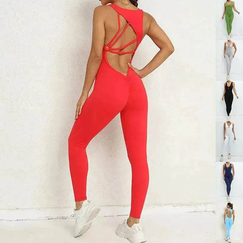 Women's Backless Workout Romper Jumpsuit – Sleeveless Gym Yoga One-Piece V-Back Stretch Sportswear