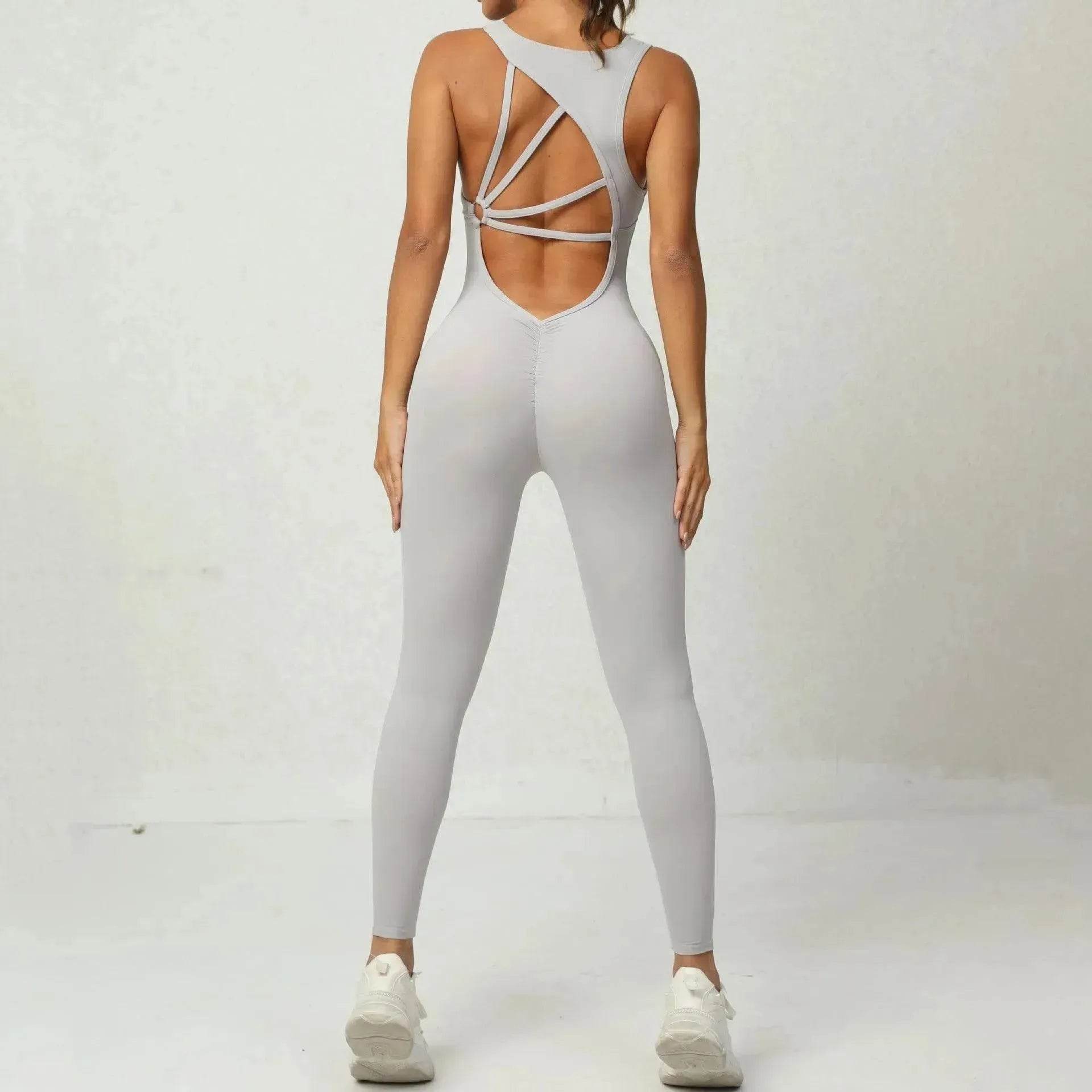 Women's Backless Workout Romper Jumpsuit – Sleeveless Gym Yoga One-Piece V-Back Stretch Sportswear